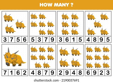 Education game for children counting how many objects in each table of cute cartoon prehistoric dinosaur xenoceratops printable worksheet