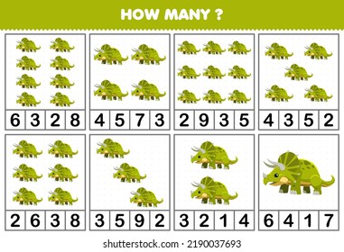 Education game for children counting how many objects in each table of cute cartoon prehistoric dinosaur triceratops printable worksheet