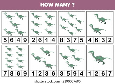 Education game for children counting how many objects in each table of cute cartoon prehistoric dinosaur velociraptor printable worksheet