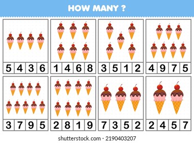 Juego de educación para niños contando cuántos objetos en cada tabla de una linda hoja de cálculo imprimible de helado de dibujos animados