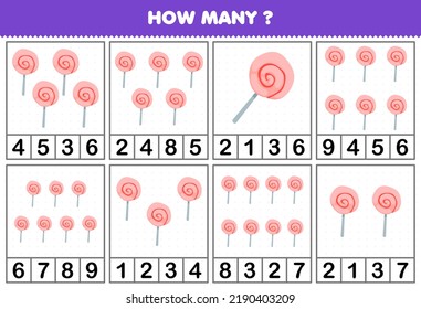 Education game for children counting how many objects in each table of cute cartoon candy printable worksheet