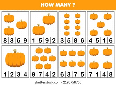 Juego de educación para niños contando cuántos objetos en cada tabla de la tierna calabaza de dibujos animados hoja de cálculo imprimible vegetal