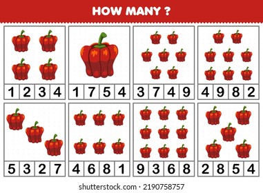 Education game for children counting how many objects in each table of cute cartoon paprika vegetable printable worksheet