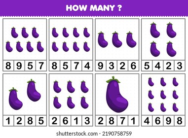 Juego de educación para niños contando cuántos objetos en cada tabla de una tierna hoja de cálculo imprimible de berenjenas de dibujos
