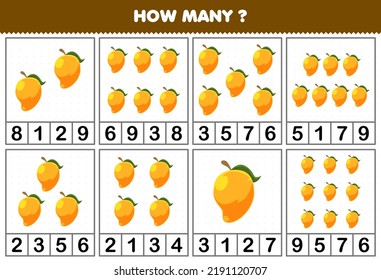 Erziehungsspiel für Kinder, die zählen, wie viele Objekte in jeder Tabelle süße Cartoon Mango-Fruchtdruckblatt-Tabelle.