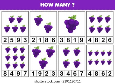 Education game for children counting how many objects in each table of cute cartoon grape fruit printable worksheet