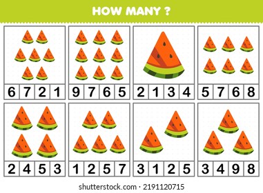 Education game for children counting how many objects in each table of cute cartoon watermelon slice fruit printable worksheet