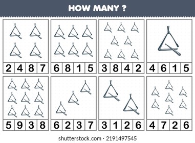 Education game for children counting how many objects in each table of cartoon music instrument triangle printable worksheet