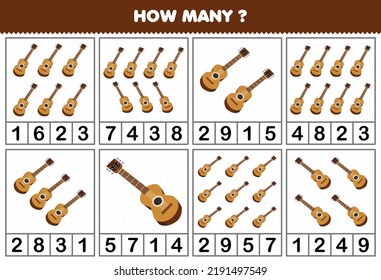 Education game for children counting how many objects in each table of cartoon music instrument guitar printable worksheet