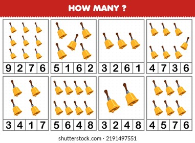 Education Game For Children Counting How Many Objects In Each Table Of Cartoon Music Instrument Bell Printable Worksheet