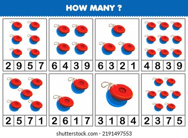 Education game for children counting how many objects in each table of cartoon music instrument castanet printable worksheet
