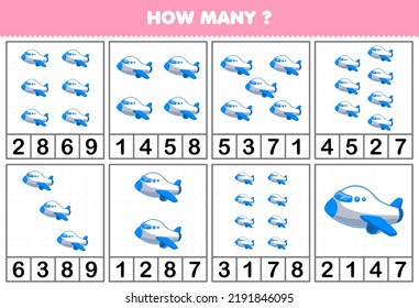 Education game for children counting how many objects in each table of cartoon plane air transportation vehicle printable worksheet