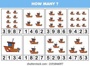 Education game for children counting how many objects in each table of cartoon ship water transportation vehicle printable worksheet