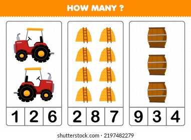 Juego de educación para niños contando cuántas tiernas dibujos animados tractores pajar barril hoja de trabajo de granja imprimible