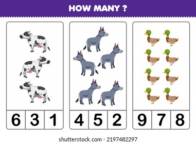 Education game for children counting how many cute cartoon cow donkey duck printable farm worksheet