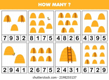 Education game for children counting how many objects in each table of cartoon haystack printable farm worksheet