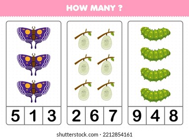 Erziehungsspiel für Kinder, das zählt, wie viele süße Cartoon-Schmetterling-Cocoon-Raupe-druckbare Bug-Tabelle