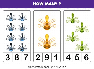 Education game for children counting how many cute cartoon dragonfly printable bug worksheet