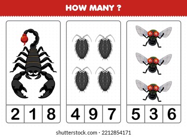 Education game for children counting how many cute cartoon scorpion louse fly printable bug worksheet