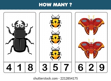Education game for children counting how many cute cartoon beetle ladybug moth printable bug worksheet