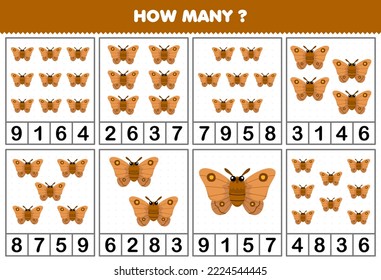 Education game for children counting how many cute cartoon moth in each table printable bug worksheet