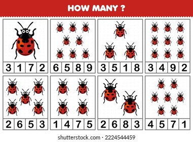 Education game for children counting how many cute cartoon ladybug in each table printable bug worksheet