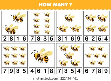 Juego de educación para niños que cuentan cuántas hermosas abejas de dibujos animados en cada hoja de cálculo imprimible de tablas