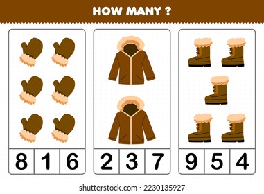 Education game for children counting how many cute cartoon mitten jacket boot printable winter worksheet