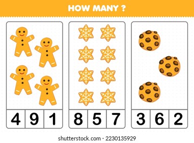Education game for children counting how many cute cartoon gingerbread cookie printable winter worksheet