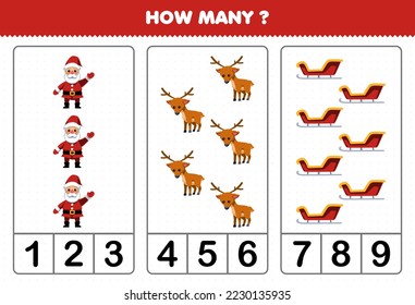 Education game for children counting how many cute cartoon santa deer sled printable winter worksheet