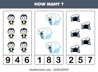 Education game for children counting how many cute cartoon penguin polar bear den printable winter worksheet