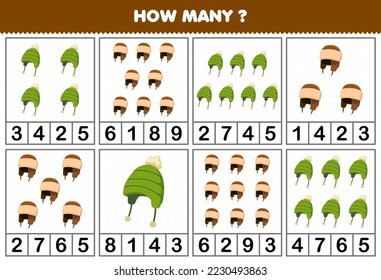 Juego de educación para niños contando cuántos objetos en cada tabla de adorables dibujos animados son esa hoja de cálculo imprimible de invierno