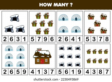 Education game for children counting how many objects in each table of cute cartoon den igloo and house printable winter worksheet