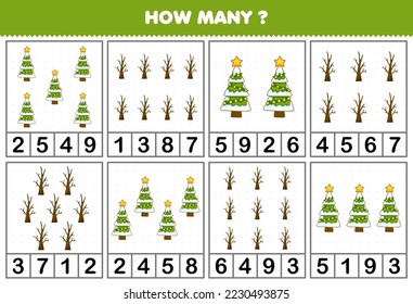 Juego de educación para niños contando cuántos objetos en cada tabla de adorables árboles de navidad de dibujos animados y hoja de cálculo imprimible de invierno de rama
