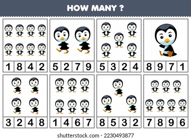 Education game for children counting how many objects in each table of cute cartoon penguin printable winter worksheet
