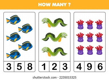 Education game for children counting how many cute cartoon fish eel anemone printable underwater worksheet
