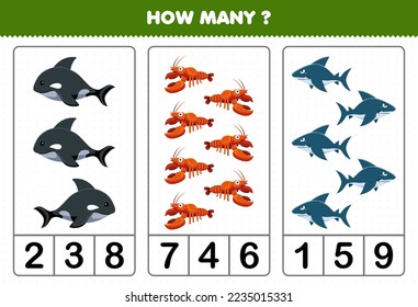 Education game for children counting how many cute cartoon whale lobster shark printable underwater worksheet