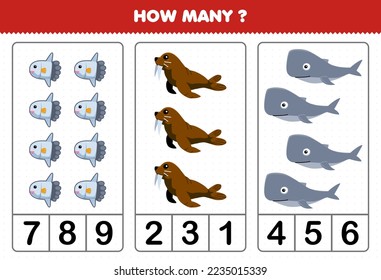 Education game for children counting how many cute cartoon sunfish walrus whale printable underwater worksheet