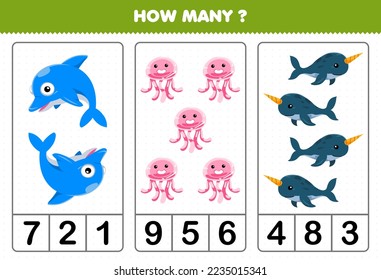 Education game for children counting how many cute cartoon dolphin jellyfish narwhal printable underwater worksheet