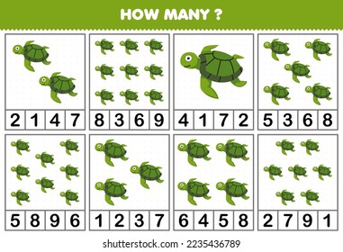 Education game for children counting how many objects in each table of cute cartoon turtle printable underwater worksheet