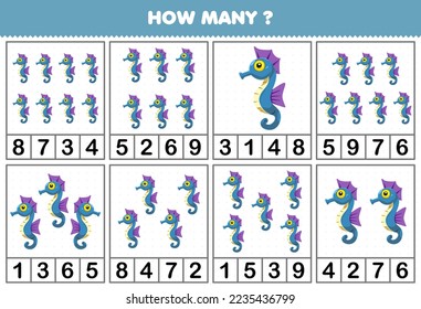 Education game for children counting how many objects in each table of cute cartoon seahorse printable underwater worksheet