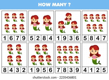 Education game for children counting how many objects in each table of cute cartoon mermaid printable underwater worksheet