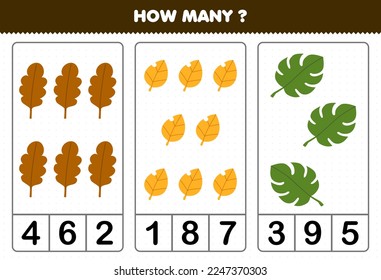 Education game for children counting how many cute cartoon leaf printable nature worksheet