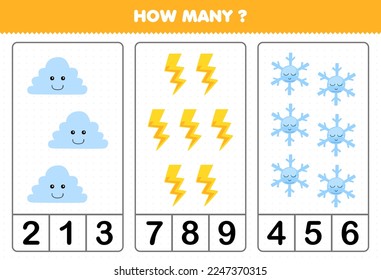 Education game for children counting how many cute cartoon cloud thunder snowflake printable nature worksheet