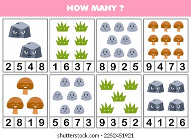 Education game for children counting how many cute cartoon stone rock grass or mushroom in each table printable nature worksheet