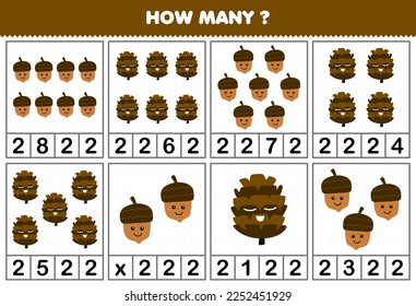 Education game for children counting how many cute cartoon acorn or pinecone in each table printable nature worksheet