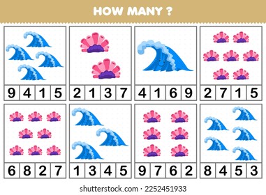 Juego de educación para niños que cuentan cuántas olas de dibujos animados o coral adorables en cada tabla hoja de cálculo de naturaleza imprimible