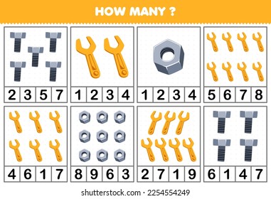 Education game for children counting how many cute cartoon nut or bolt or wrench in each table printable tool worksheet