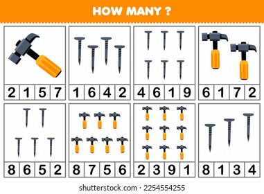 Education game for children counting how many cute cartoon hammer or nail in each table printable tool worksheet