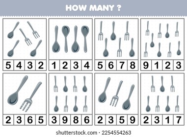 Education game for children counting how many cute cartoon spoon or fork in each table printable tool worksheet